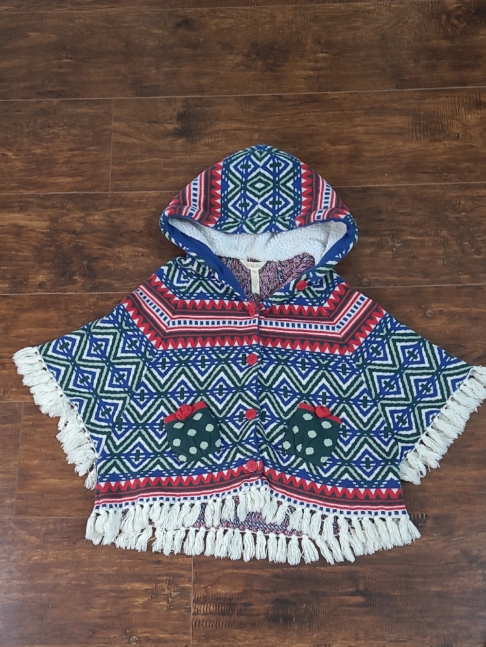 Matilda Jane A Caroling We Go Kids Hooded Poncho Jacket in Blue, Red & Green 6